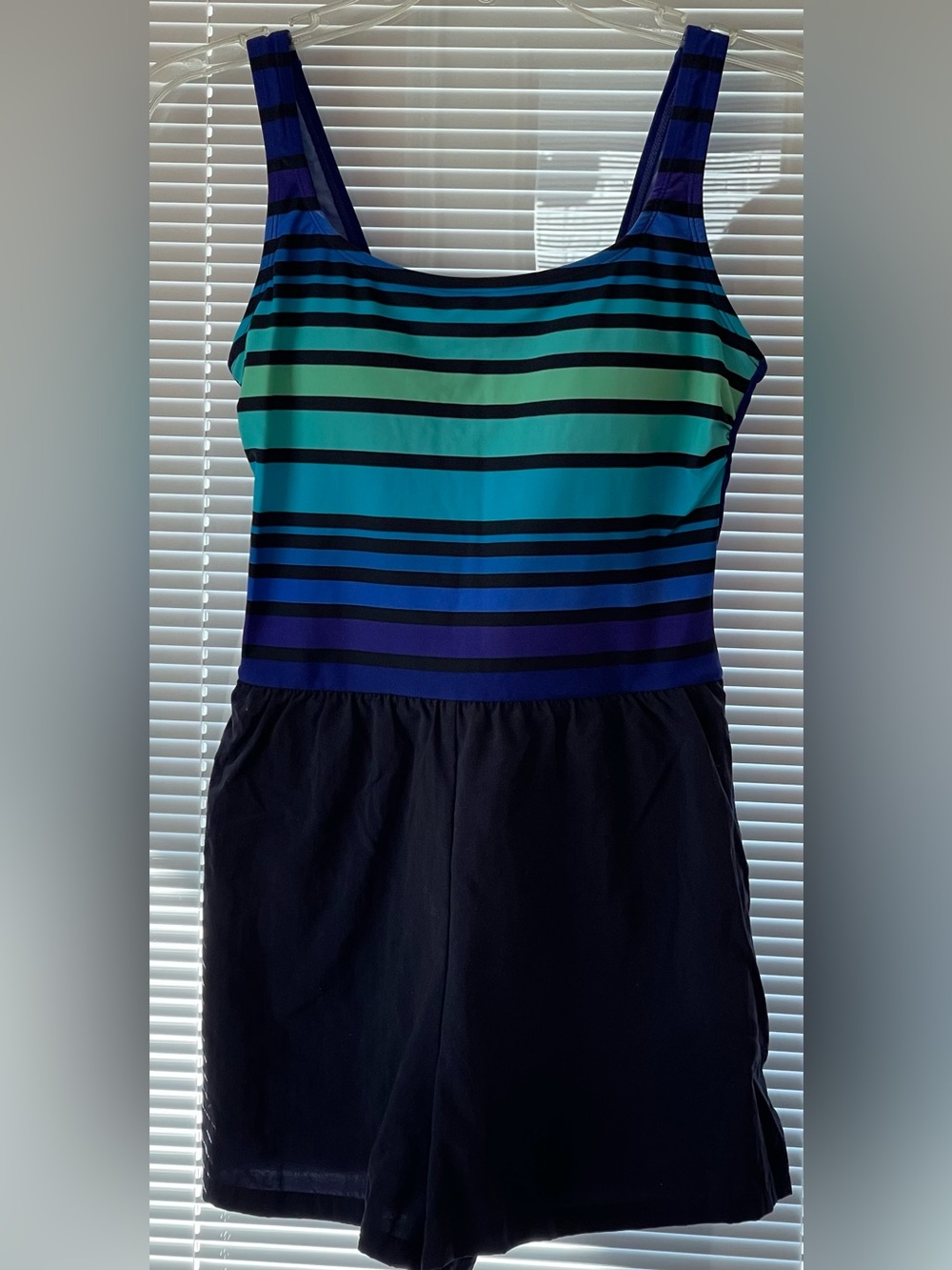 Striped Scoop Neck Swim Romper in Teal, Blue & Navy